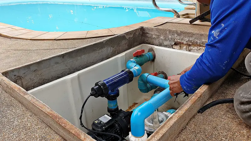 Plumber repairing PVC pipes for swimming pool filtration system