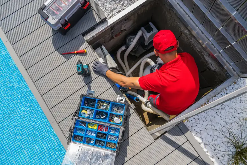 Technician repairing a swimming pool filtration system pump in an underground hatch.