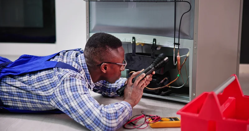 Appliance repair technician inspecting the back of a refrigerator with a flashlight.