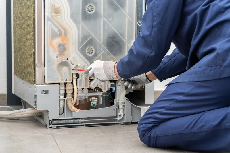 Close-up of repairman fixing the internal water system of a dishwasher. Close-up of repairman fixing the internal water system of a dishwasher.