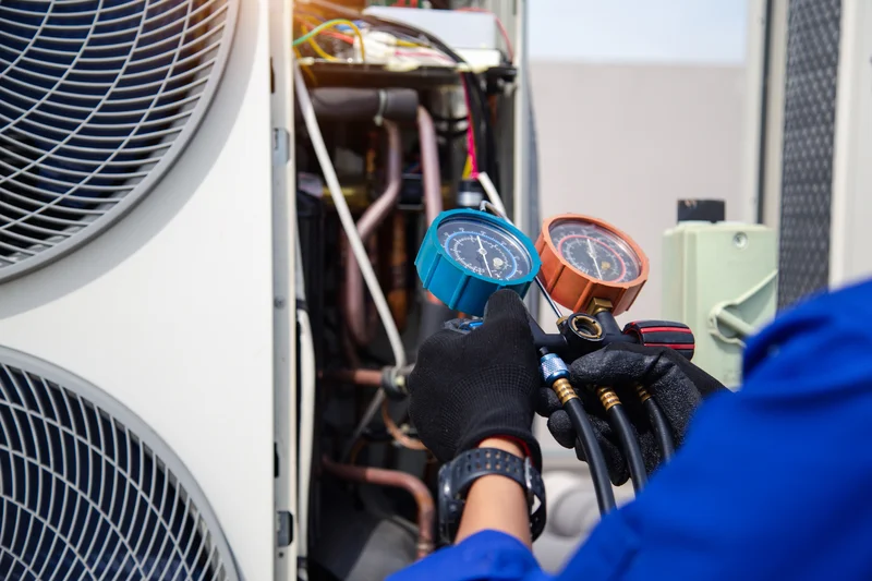 HVAC technician using manifold pressure gauge set to check refrigerant levels.