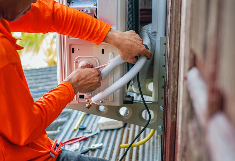 AC technician connecting insulated copper pipes to outdoor condenser unit.