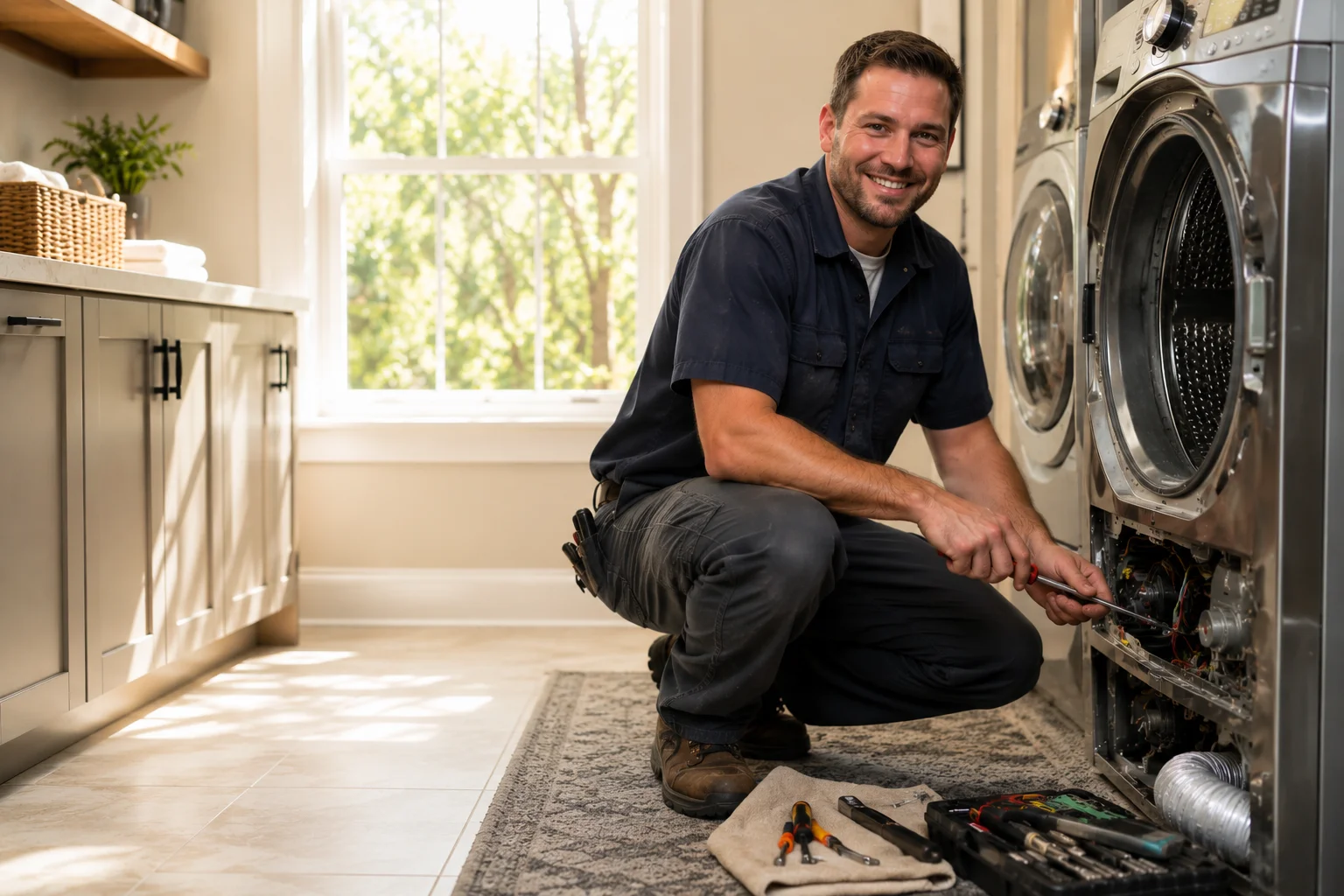 Technician repairing a front load washing machine in a modern laundry room